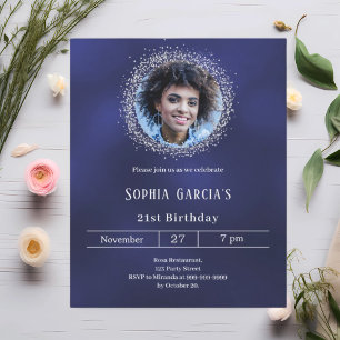 Navy blue photo silver glitter birthday invitation