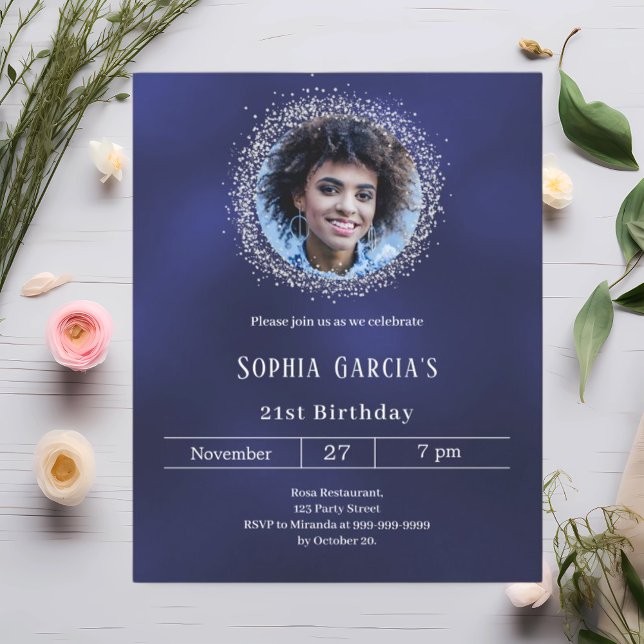 Navy blue photo silver glitter birthday invitation (Creator Uploaded)