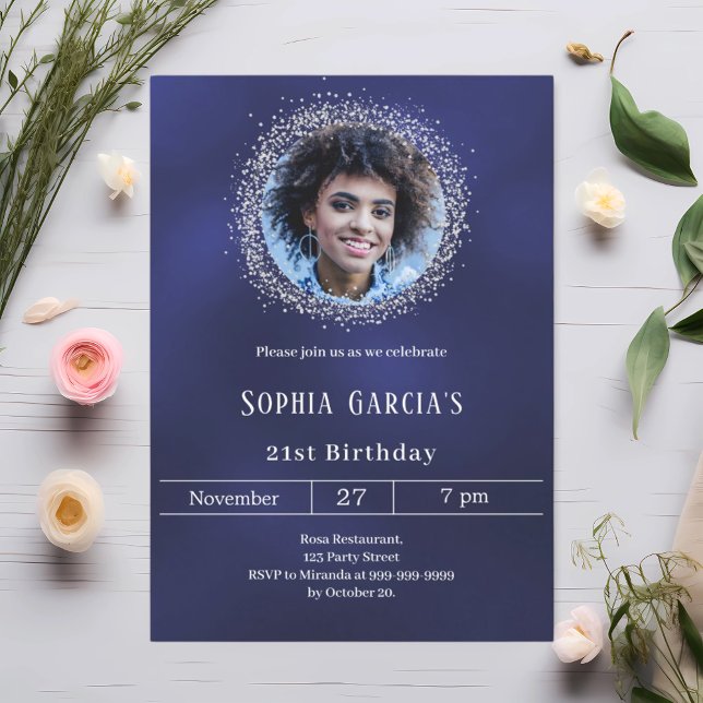 Navy blue photo silver glitter birthday invitation (Creator Uploaded)