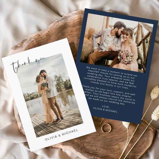 Navy Blue Photo Wedding Elegant Thank You Card (Creator Uploaded)