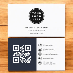 Navy Blue Photo with QR Code Social Media Business Card