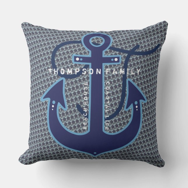 navy blue pillow with family name and boat anchor (Front)
