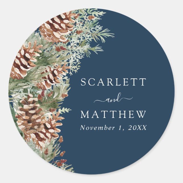 Navy Blue Pine Classic Round Sticker (Front)
