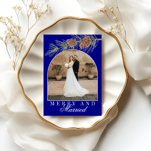 Navy Blue Pine Merry & Married Photo Christmas Holiday Card