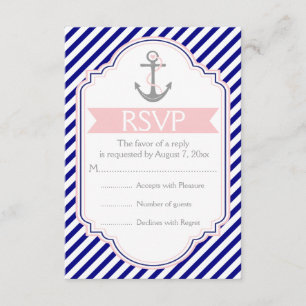 Navy blue, pink anchor nautical wedding RSVP Card