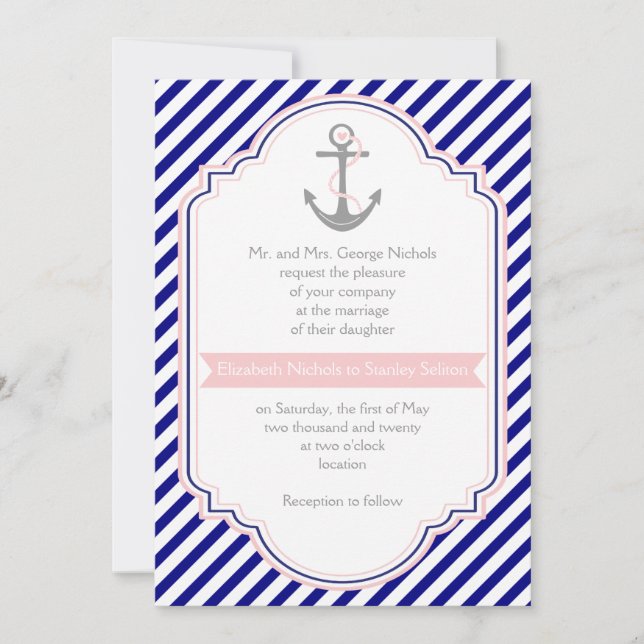 Navy blue, pink anchor & stripes nautical wedding invitation (Front)