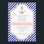 Navy blue, pink anchor & stripes nautical wedding invitation<br><div class="desc">Navy blue, white stripes and anchor nautical wedding invitation. A stylish striped pattern design with navy blue, white diagonal stripes, a grey anchor with a pink heart and rope and your text in a frame with a blush pink banner. Modern yet with a vintage look in a sense. You can...</div>