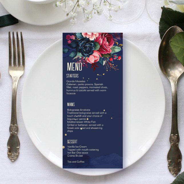 Navy blue pink blue flowers menu template (Creator Uploaded)