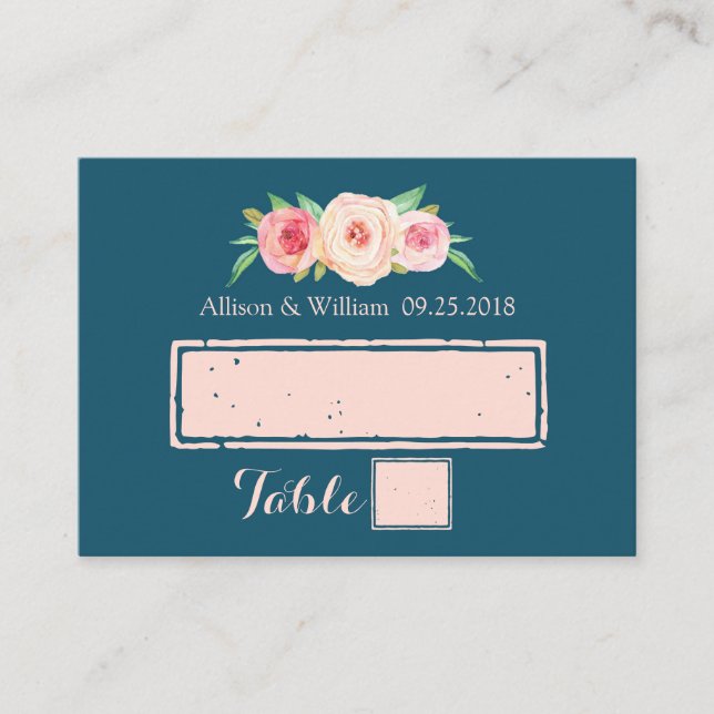 Navy Blue Pink Blush Floral Place Setting Cards (Front)