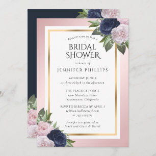 Navy Blue Pink Blush Gold Floral Bridal Shower Invitation
