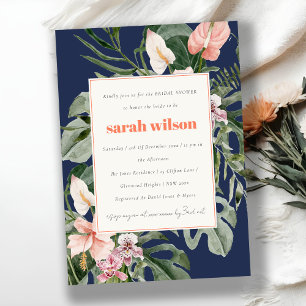 Navy Blue Pink Boho Tropical Floral Bridal Shower Invitation