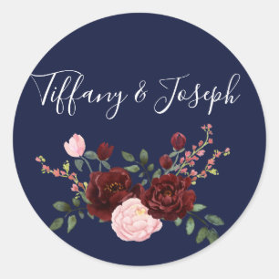 Navy Blue Pink Burgundy Rose Floral Wedding Classic Round Sticker