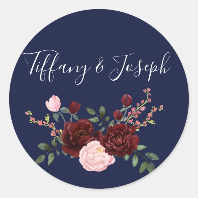 Navy Blue Pink Burgundy Rose Floral Wedding Classic Round Sticker (Front)