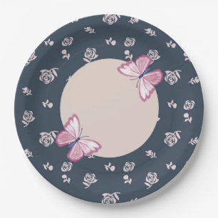 navy blue pink butterflies floral paper plate