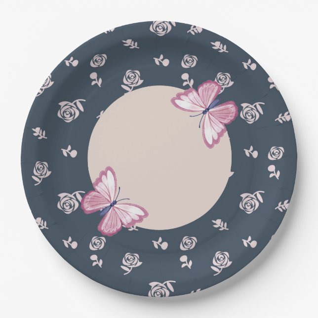 navy blue pink butterflies floral paper plate (Front)
