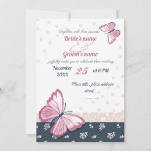 navy blue pink butterflies wedding invitation card