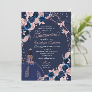 Navy Blue & Pink Butterfly Princess Quinceanera Invitation