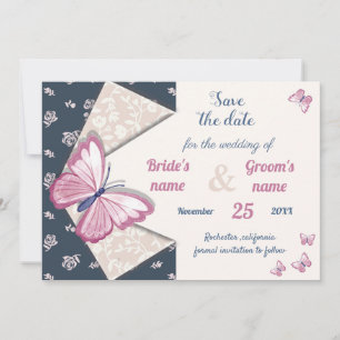 navy blue pink butterfly save the date invitation