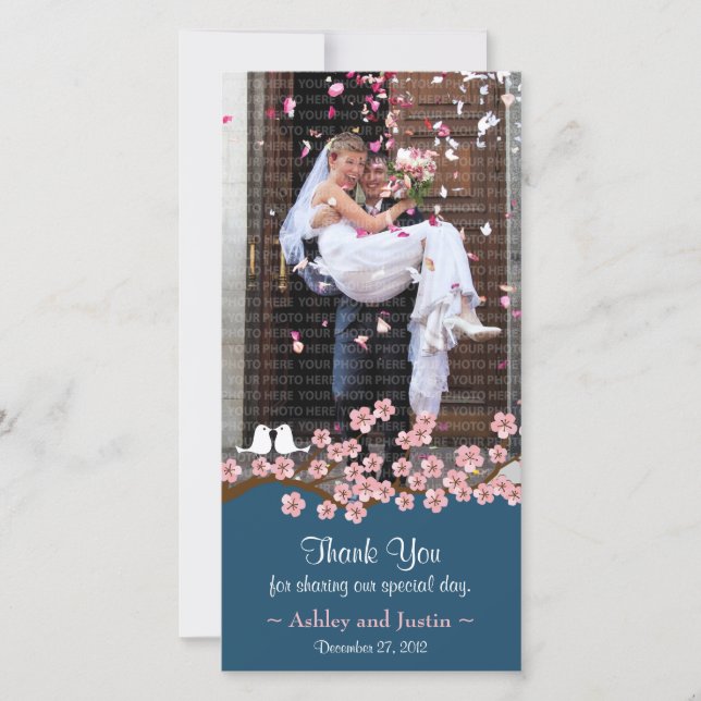 Navy Blue & Pink Cherry Blossom Photo Thank You Card (Front)