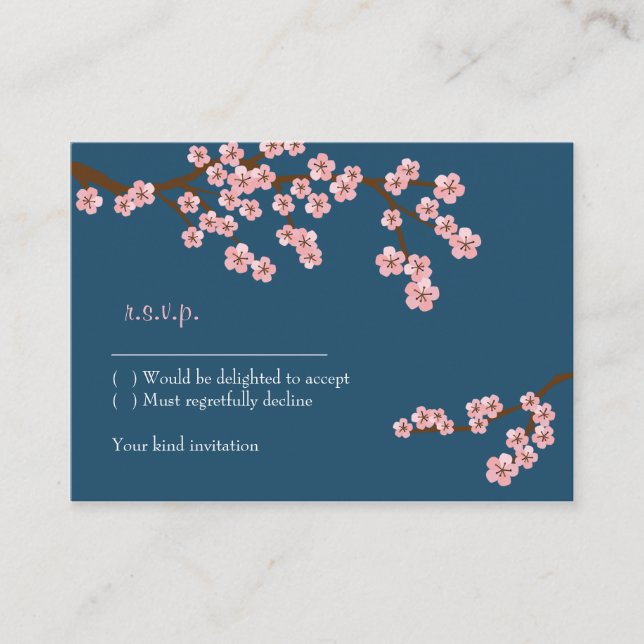 Navy Blue & Pink Cherry Blossom Spring RSVP Enclosure Card (Front)