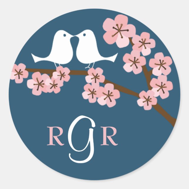 Navy Blue & Pink Cherry Blossom Spring Wedding Classic Round Sticker (Front)