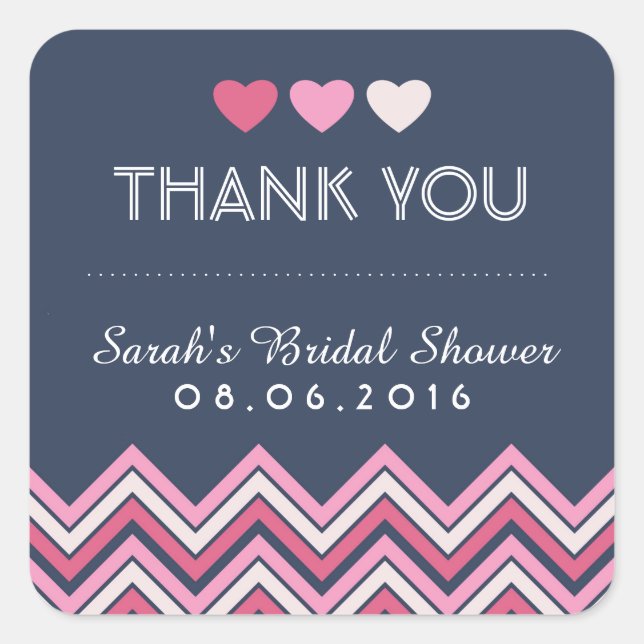 Navy Blue Pink Chevron Love Thank You Sticker (Front)