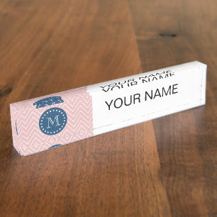 Navy Blue, Pink Chevron Pattern   Your Monogram Nameplate