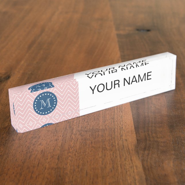 Navy Blue, Pink Chevron Pattern | Your Monogram Nameplate (Side)