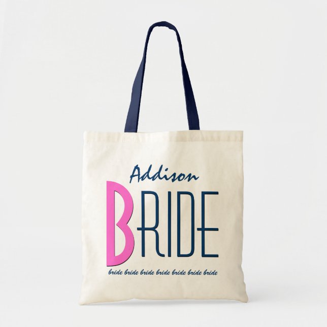 Navy Blue Pink Custom Name Personalised Bride V12A Tote Bag (Front)