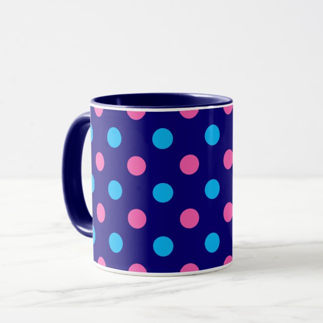 Navy Blue Pink Cyan Polka Dot Pattern Mug (Front Left)