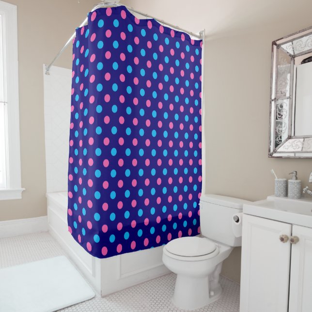 Navy Blue Pink Cyan Polka Dot Pattern Shower Curtain (In Situ)