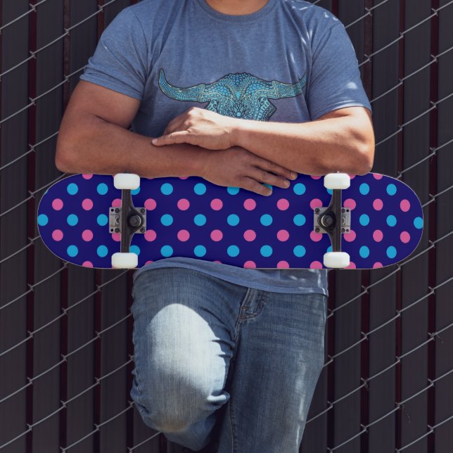 Navy Blue Pink Cyan Polka Dot Pattern Skateboard (Outdoor 3)