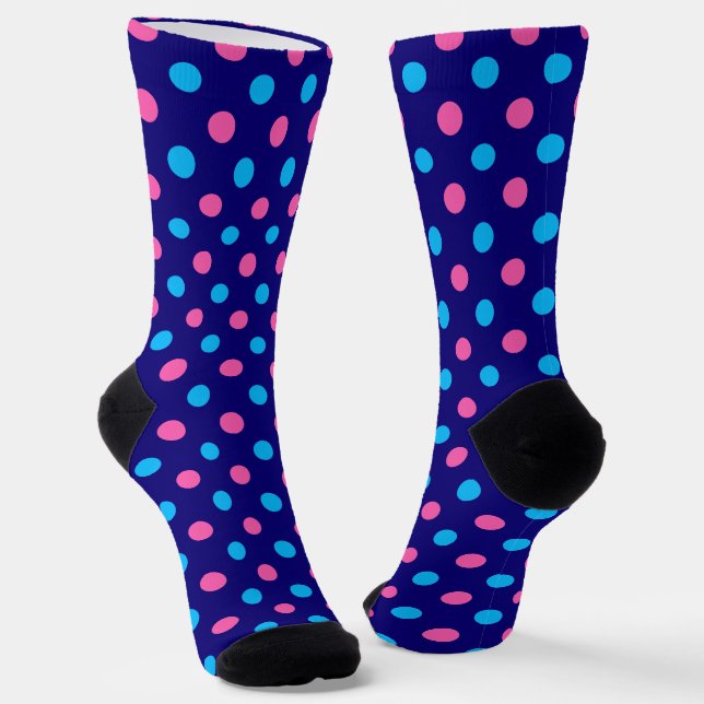 Navy Blue Pink Cyan Polka Dot Pattern Socks (Angled)