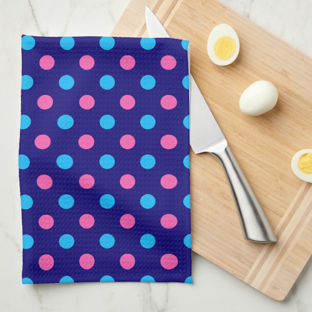 Navy Blue Pink Cyan Polka Dot Pattern Tea Towel (Quarter Fold)