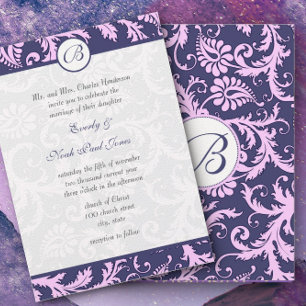 Navy Blue & Pink Damask Swirls Wedding Invitation