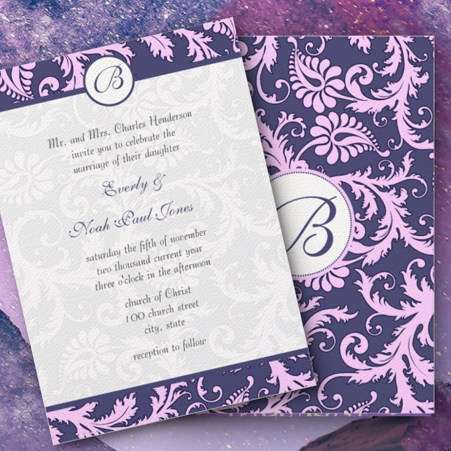 Navy Blue & Pink Damask Swirls Wedding Invitation (Creator Uploaded)