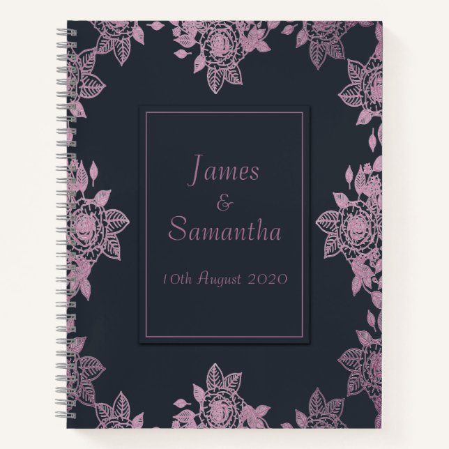 Navy Blue & Pink Delicate Rose Border | Wedding Notebook (Front)