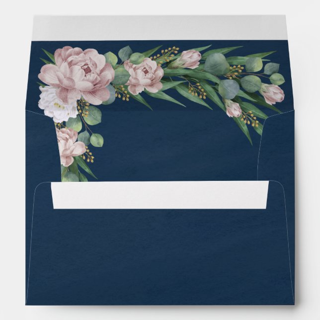 Navy Blue Pink Dusty Rose Eucalyptus Wedding Envelope (Back (Bottom))