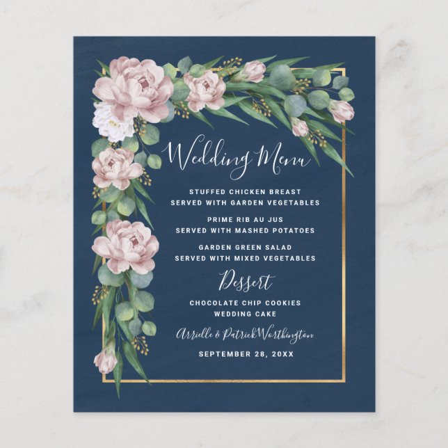 Navy Blue Pink Dusty Rose Gold Wedding Menu Cards (Front)
