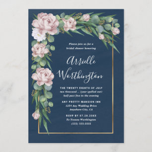 Navy Blue & Pink Dusty Rose Greenery Bridal Shower Invitation