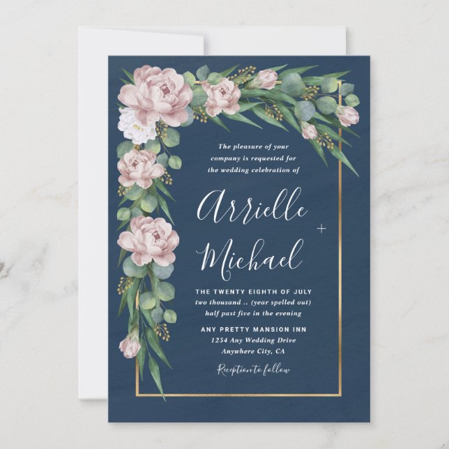 Navy Blue & Pink Dusty Rose Greenery Gold Wedding Invitation (Front)