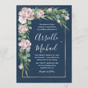 Navy Blue & Pink Dusty Rose Greenery Gold Wedding Invitation