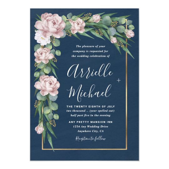 Navy Blue &amp; Pink Dusty Rose Greenery Gold Wedding