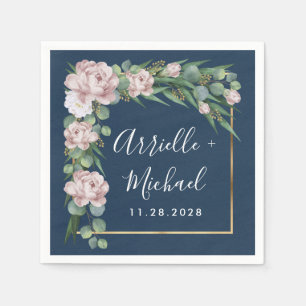 Navy Blue & Pink Dusty Rose Greenery Gold Wedding Napkin