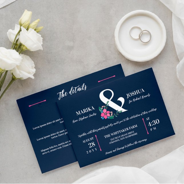 Navy Blue Pink Floral Ampersand 2 in 1 Wedding Invitation (Creator Uploaded)