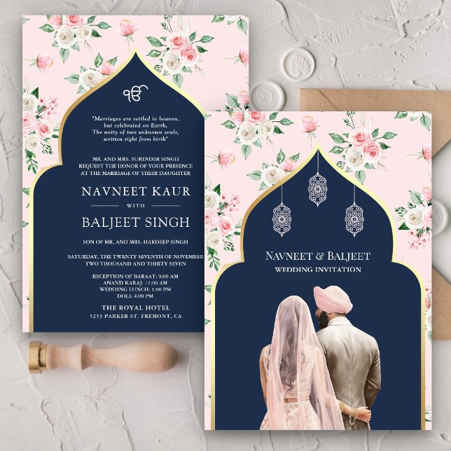 Navy Blue Pink Floral Anand Karaj Sikh Wedding Invitation (Creator Uploaded)