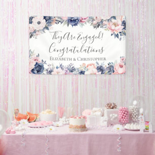 Navy Blue Pink Floral Botanical Engagement Banner