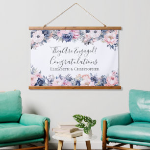 Navy Blue Pink Floral Botanical Engagement Banner Hanging Tapestry