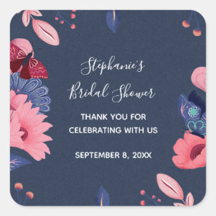 Navy Blue Pink Floral Butterflies Bridal Shower  Square Sticker