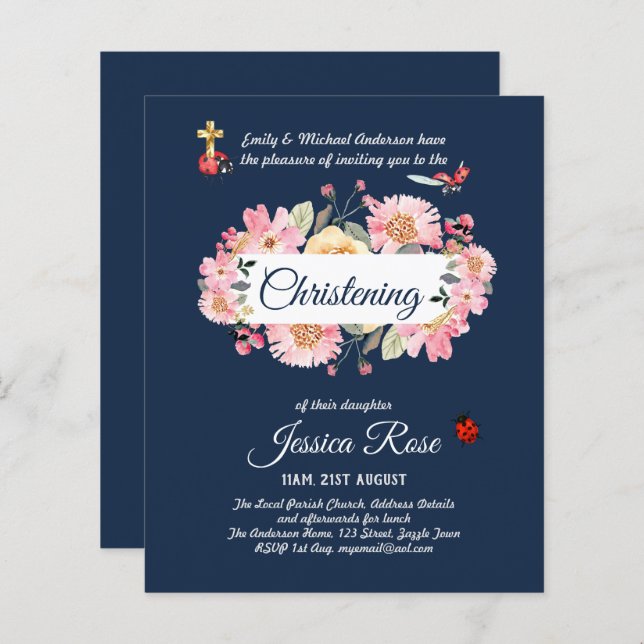 Navy Blue Pink Floral Christening Invites Baptism  (Front/Back)